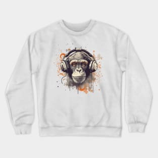 Monkey with headset listening music Crewneck Sweatshirt